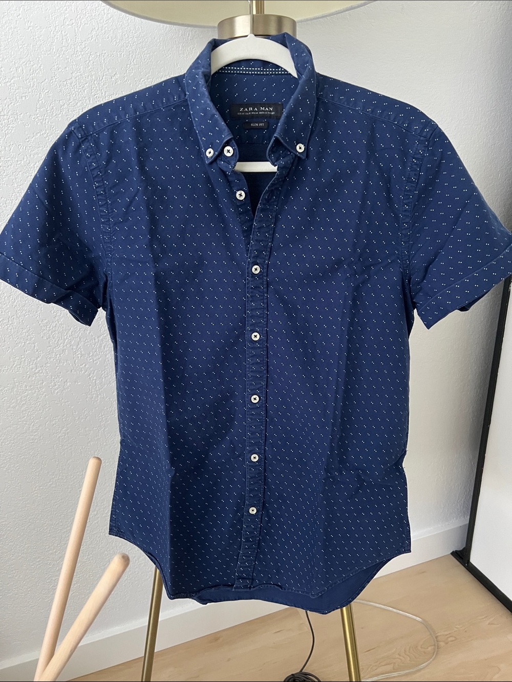 Zara Navy Short Sleeve Button-Down with Micro Dot Print
